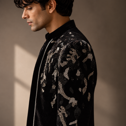 Black Hand Embroidered Velvet Indo-Western