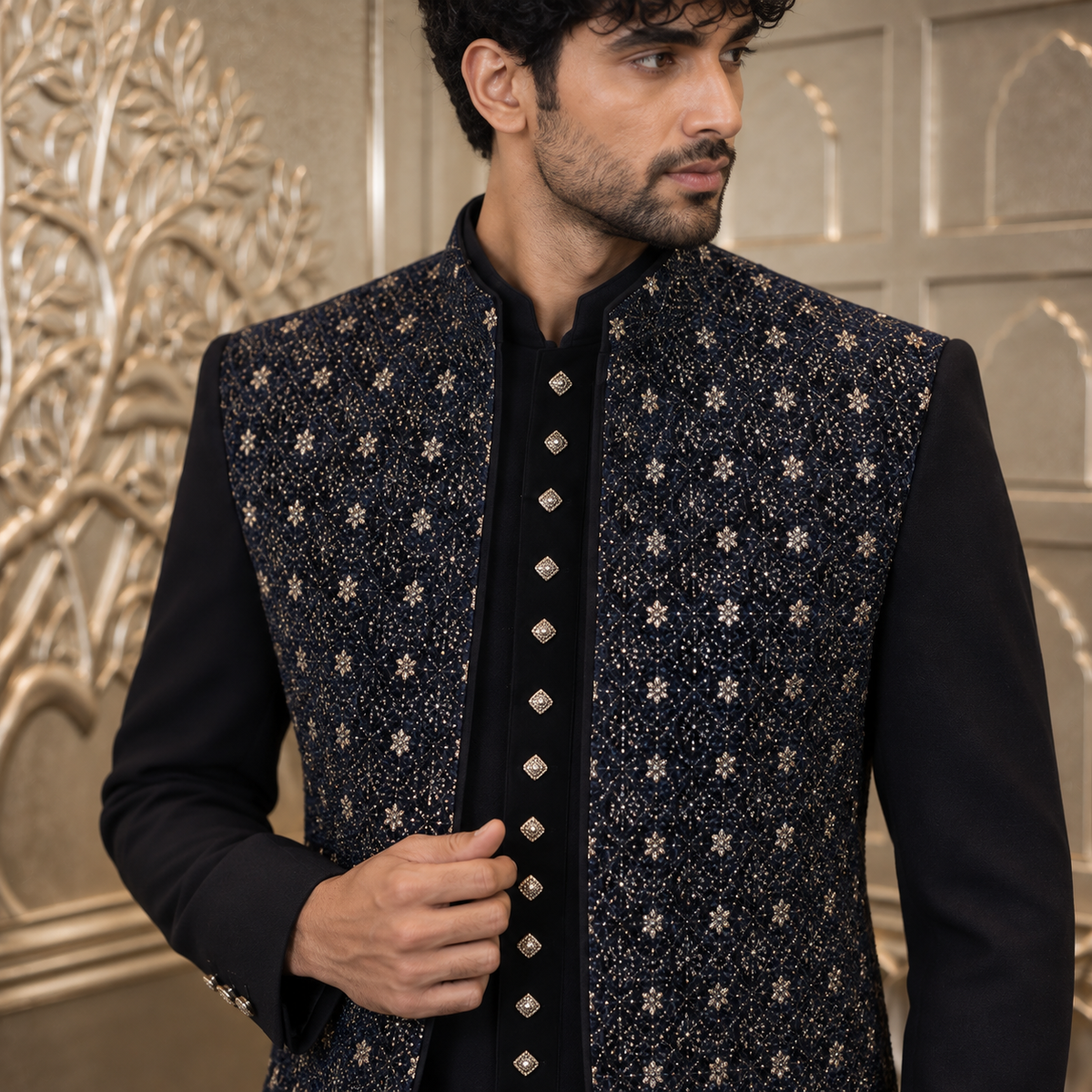 Blue & Black Embroidered Jodhpuri with Sleeveless Jacket