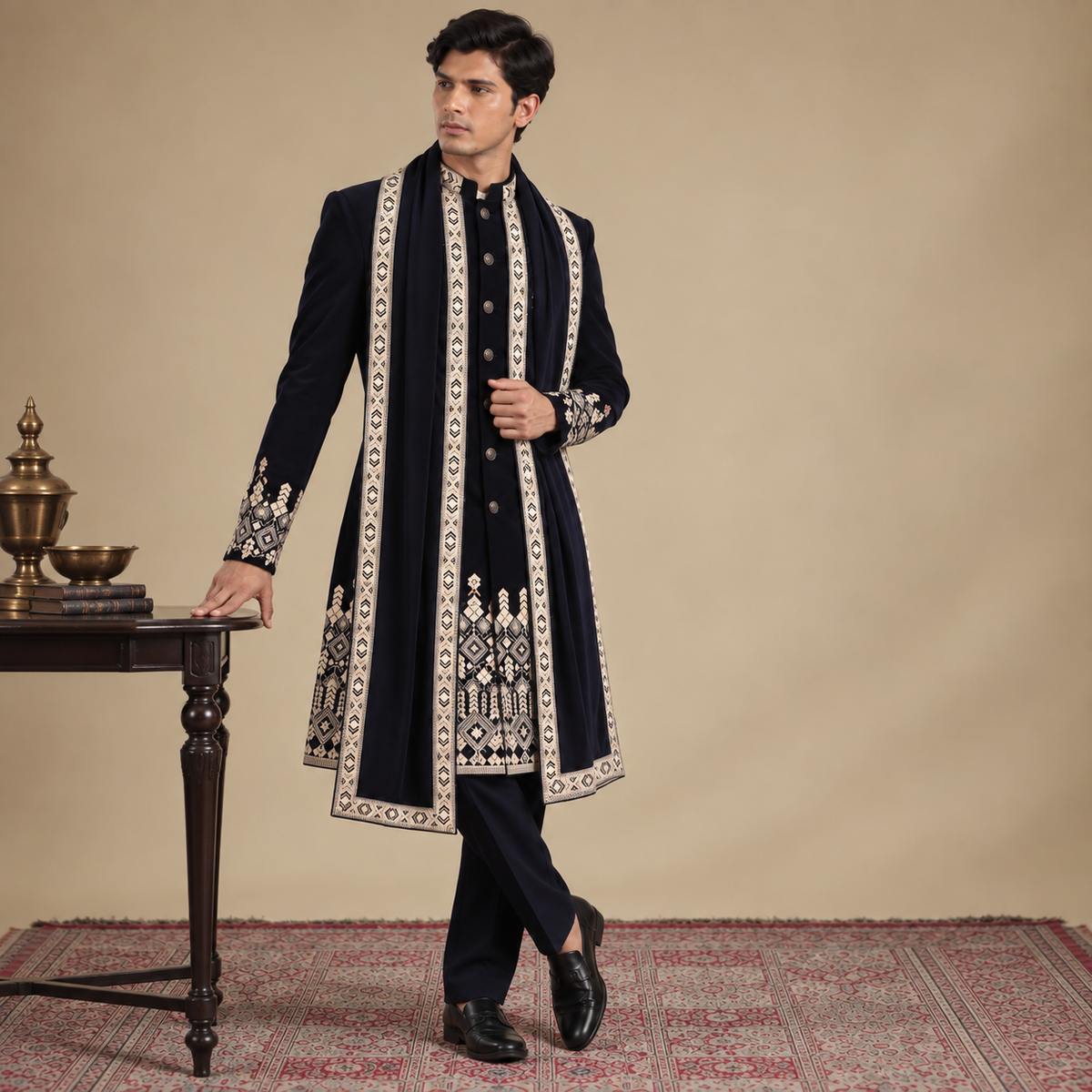 Blue Embroidered Indo-Western with Stole