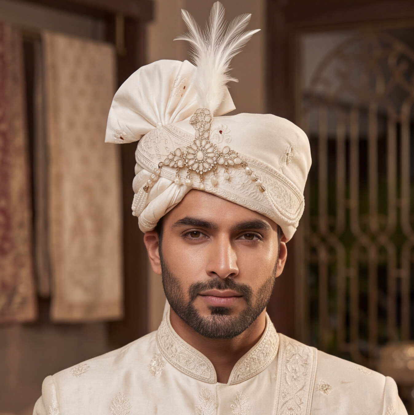 Cream Silk Handmade Sehra with Kalangi
