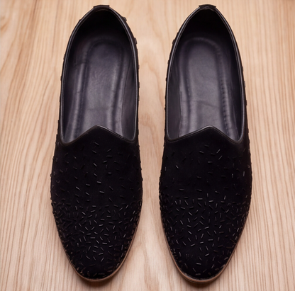 Black Handmade Embroidered Velvet Loafers