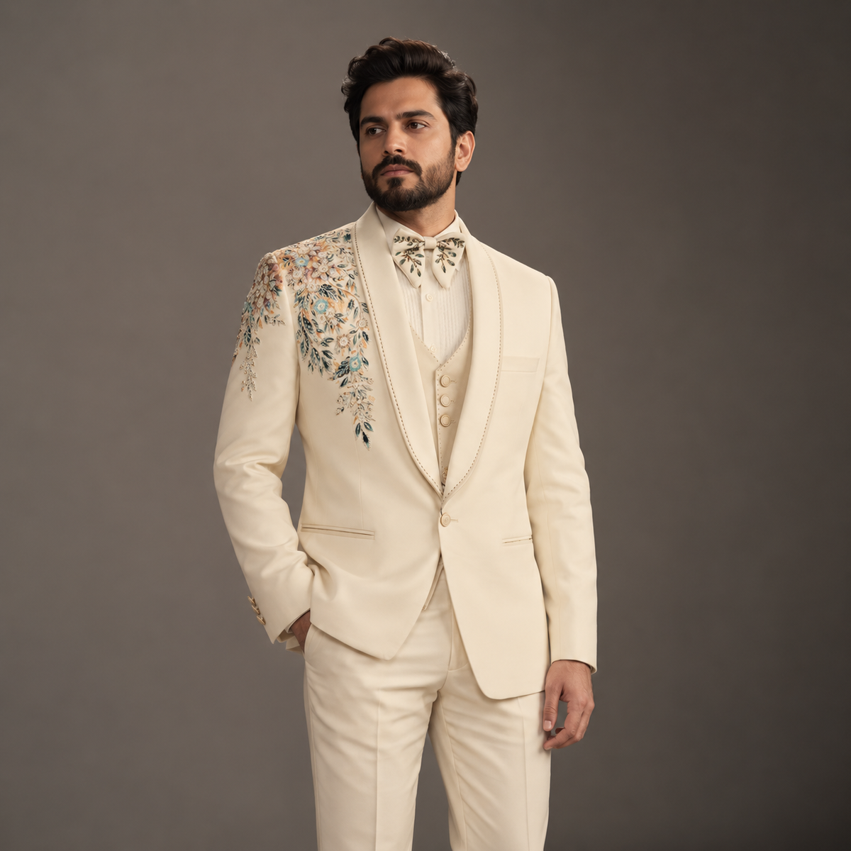 Cream Hand Embroidered & Hand Printed Designer Tuxedo