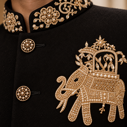 Black Hand Embroidered Elephant Motif Jodhpuri Bandhgala