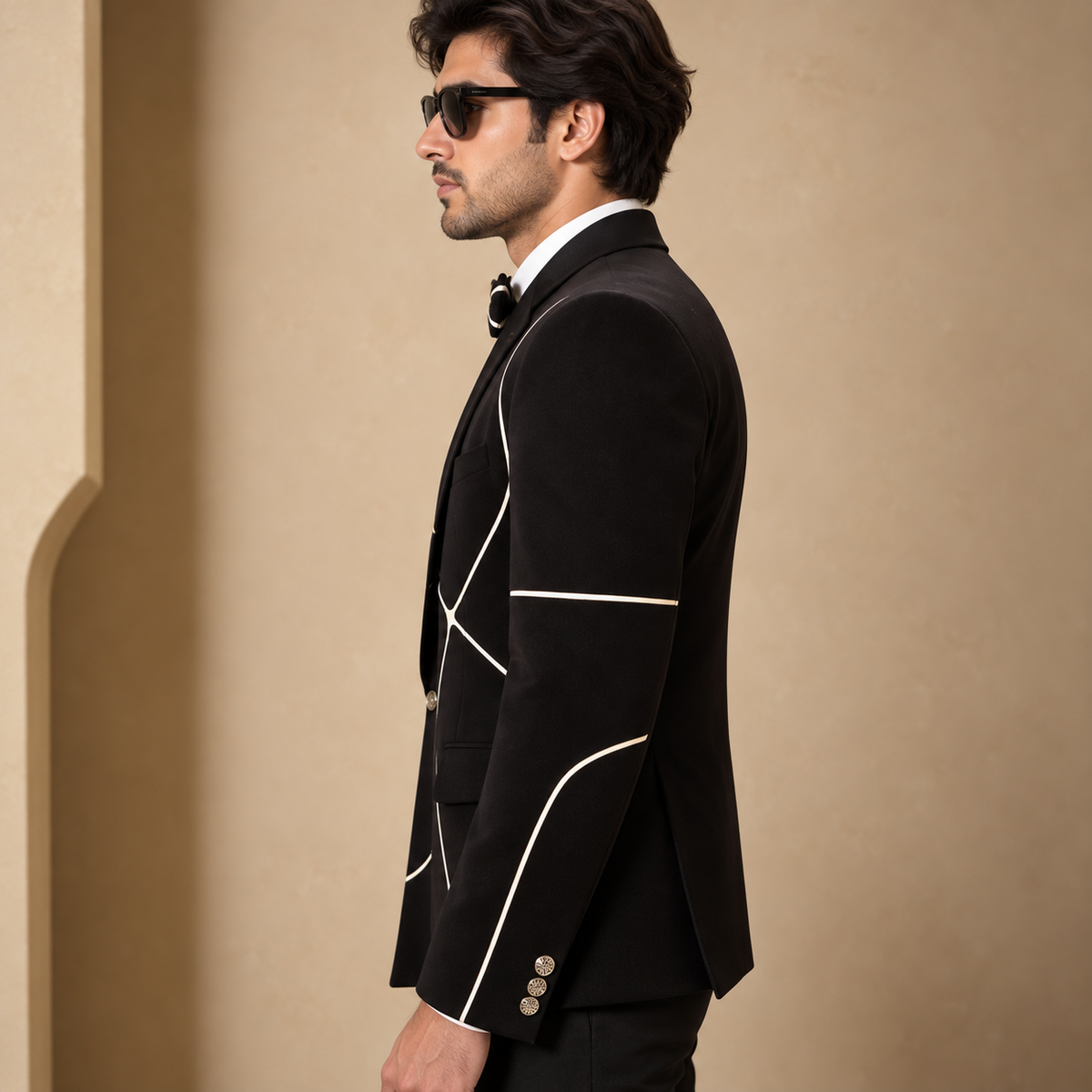 Black Satin Appliqué Designer Blazer Set