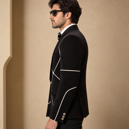 Black Satin Appliqué Designer Blazer Set