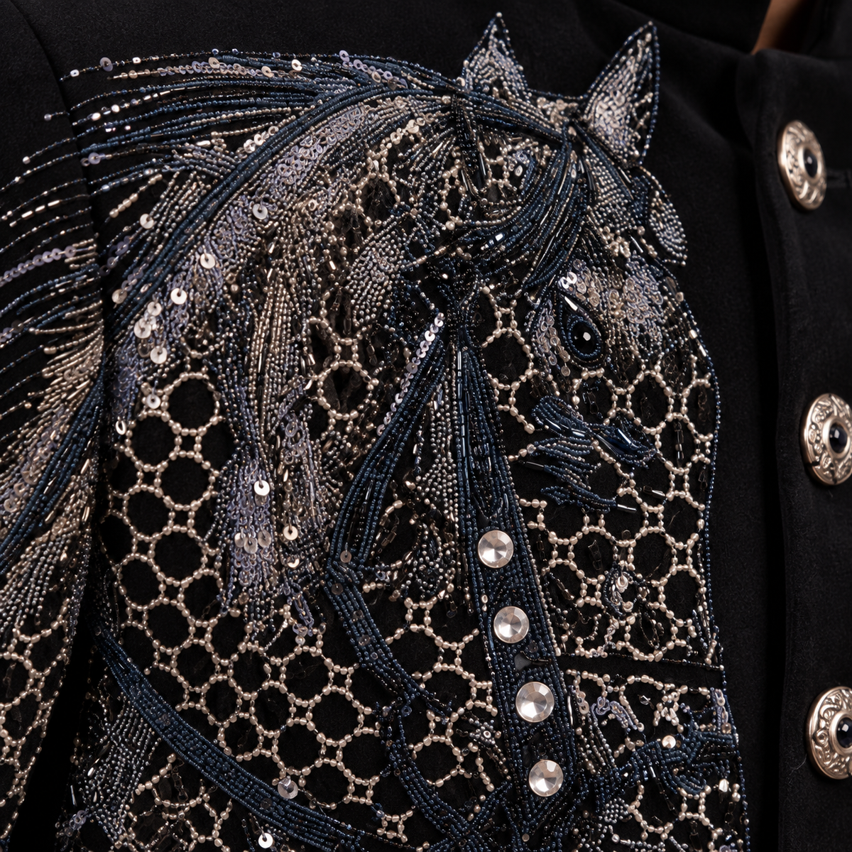 Black Hand Embroidered Horse Motif Indo-Western