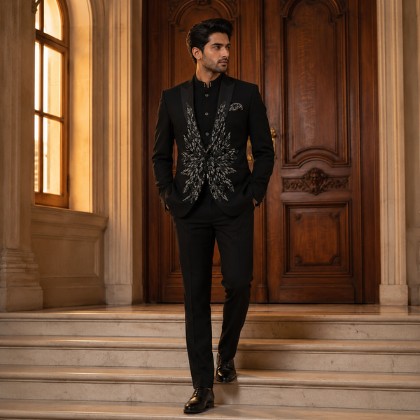 Black Hand Embroidered Designer Tuxedo with Bandhgala Waistcoat