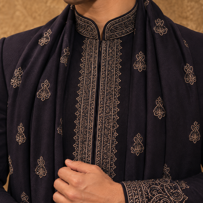 Blue Hand Embroidered Indo-Western with Stole