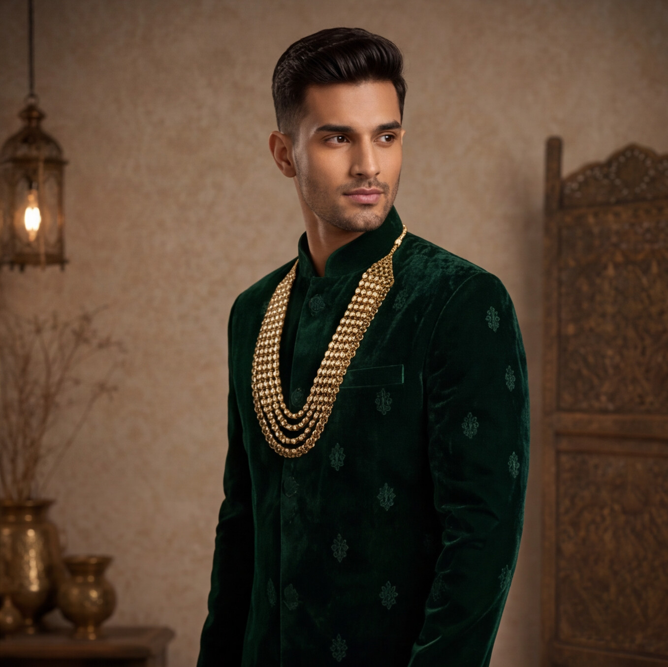 Golden Finish Kundan Polki Layered Men's Necklace