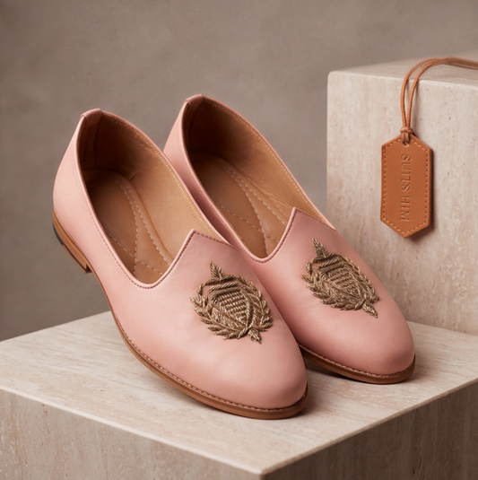 Peach Hand Made Embroidered Mojris