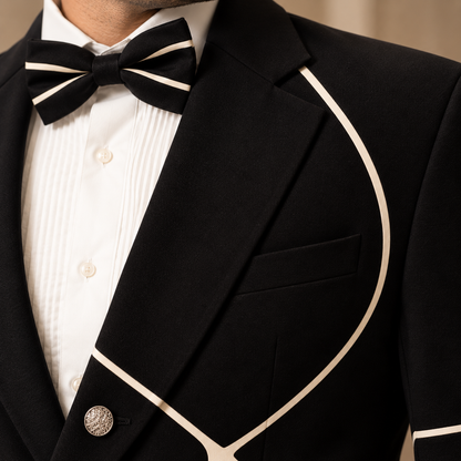 Black Satin Appliqué Designer Blazer Set