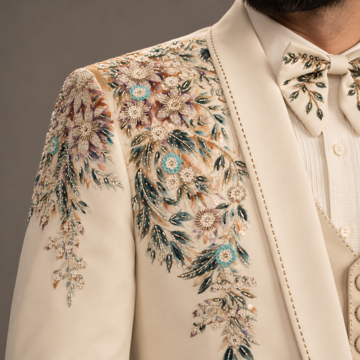 Cream Hand Embroidered & Hand Printed Designer Tuxedo
