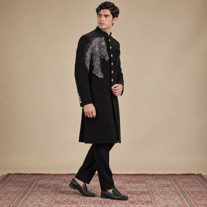 Black Hand Embroidered Horse Motif Indo-Western