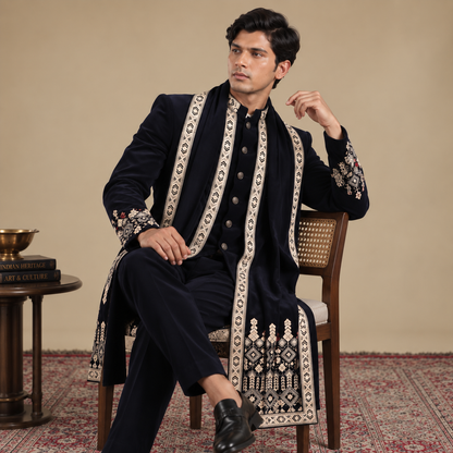 Blue Embroidered Indo-Western with Stole