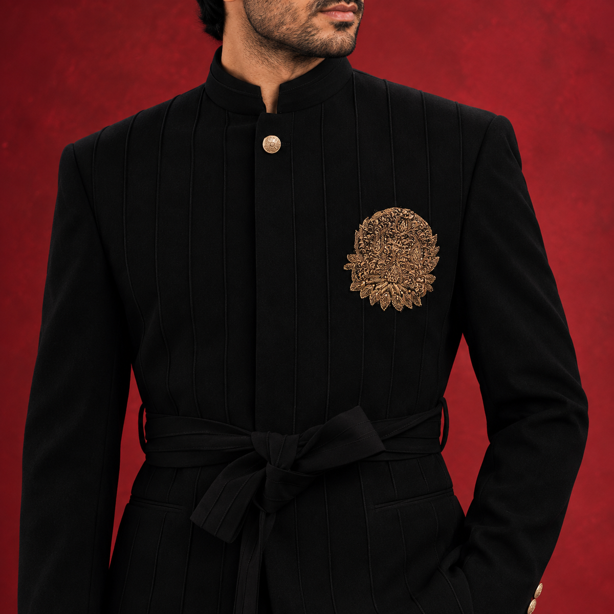 Black Pintex Bandhgala with Embroidered Motif