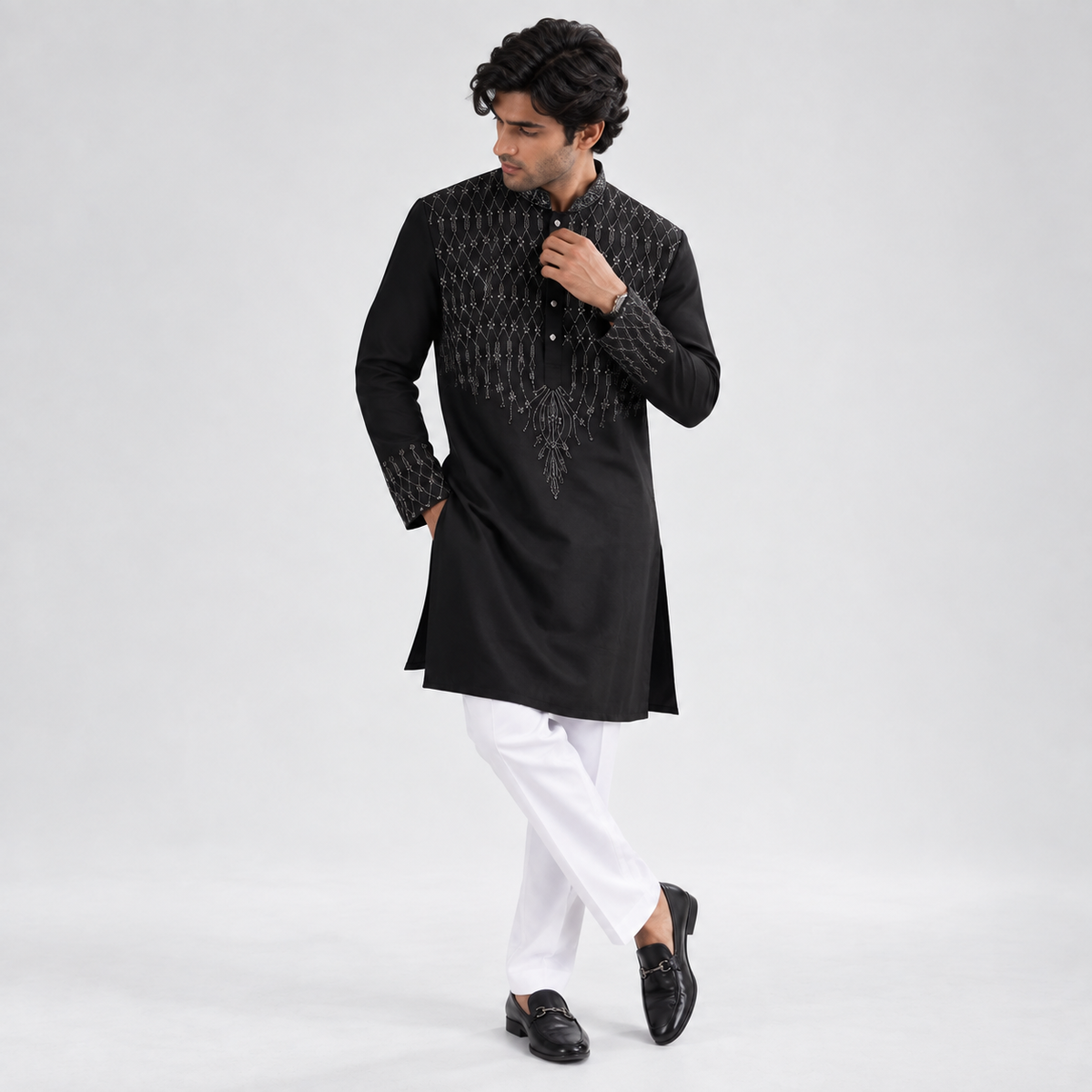 Black Hand Embroidered Ethnic Kurta