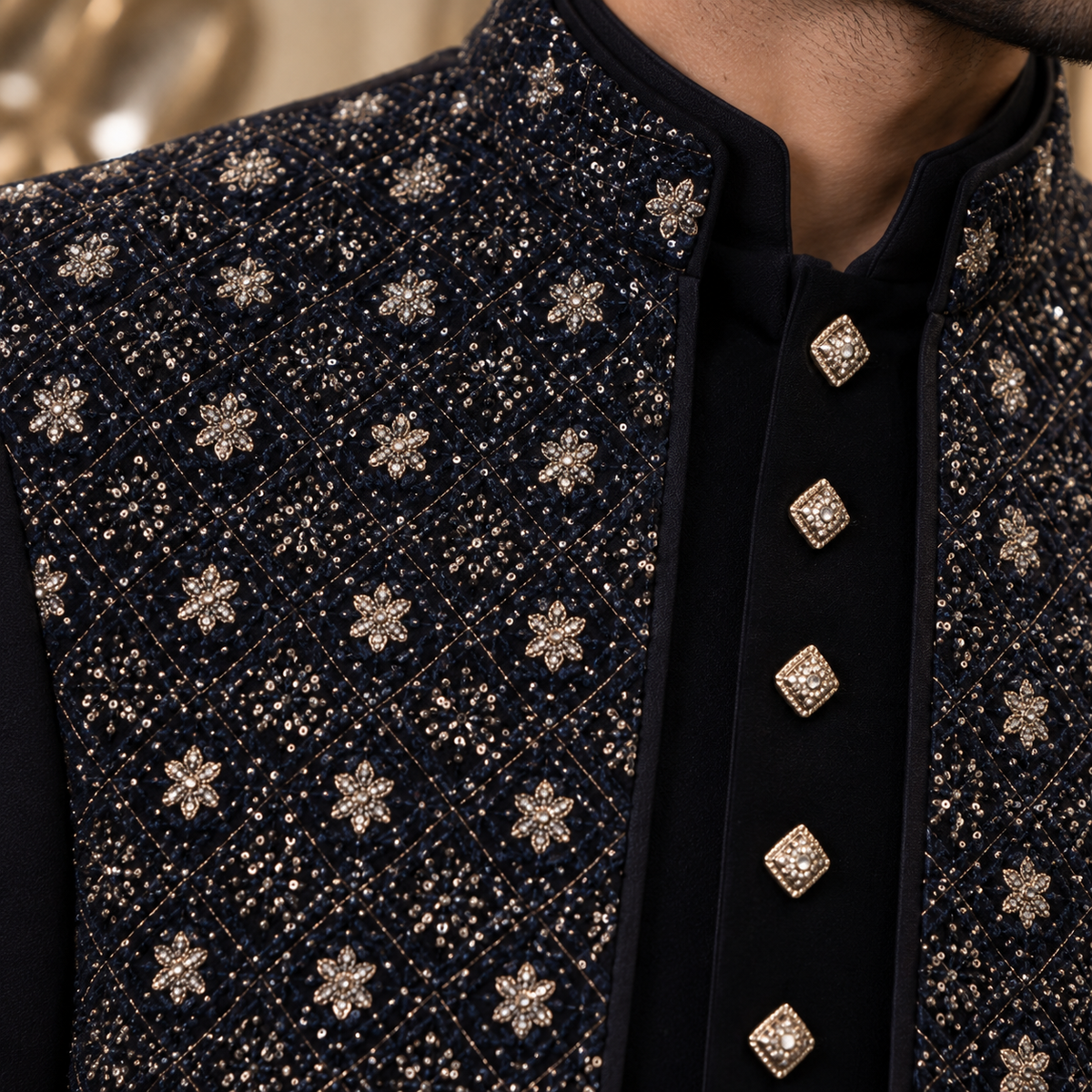 Blue & Black Embroidered Jodhpuri with Sleeveless Jacket