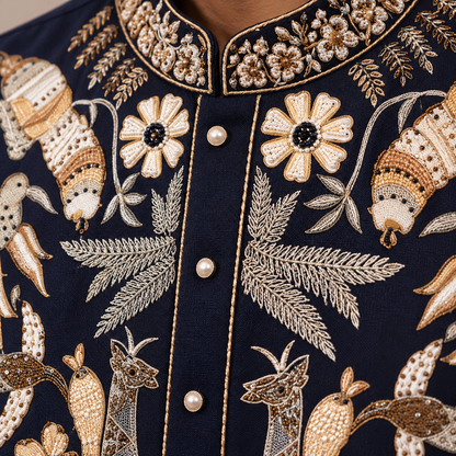 Black Hand Embroidered Giraffe Motif Ethnic Kurta