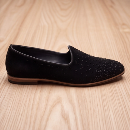 Black Handmade Embroidered Velvet Loafers