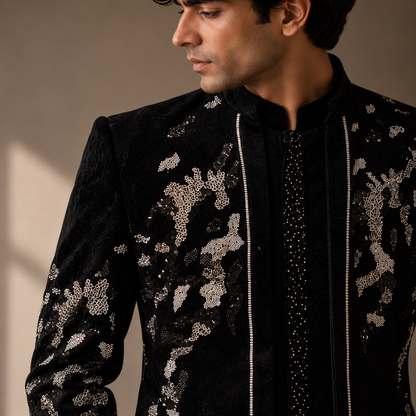 Black Hand Embroidered Velvet Indo-Western