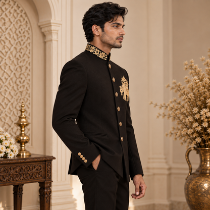 Black Hand Embroidered Elephant Motif Jodhpuri Bandhgala