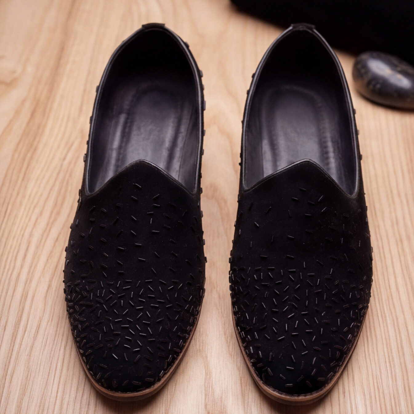 Black Handmade Embroidered Velvet Loafers