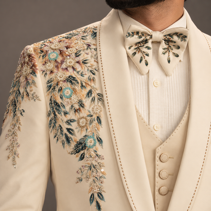Cream Hand Embroidered & Hand Printed Designer Tuxedo