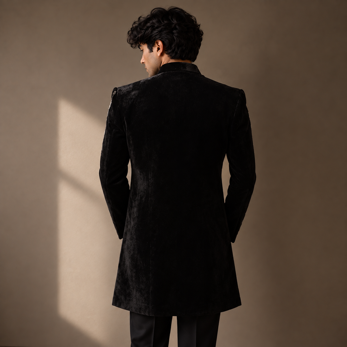 Black Hand Embroidered Velvet Indo-Western
