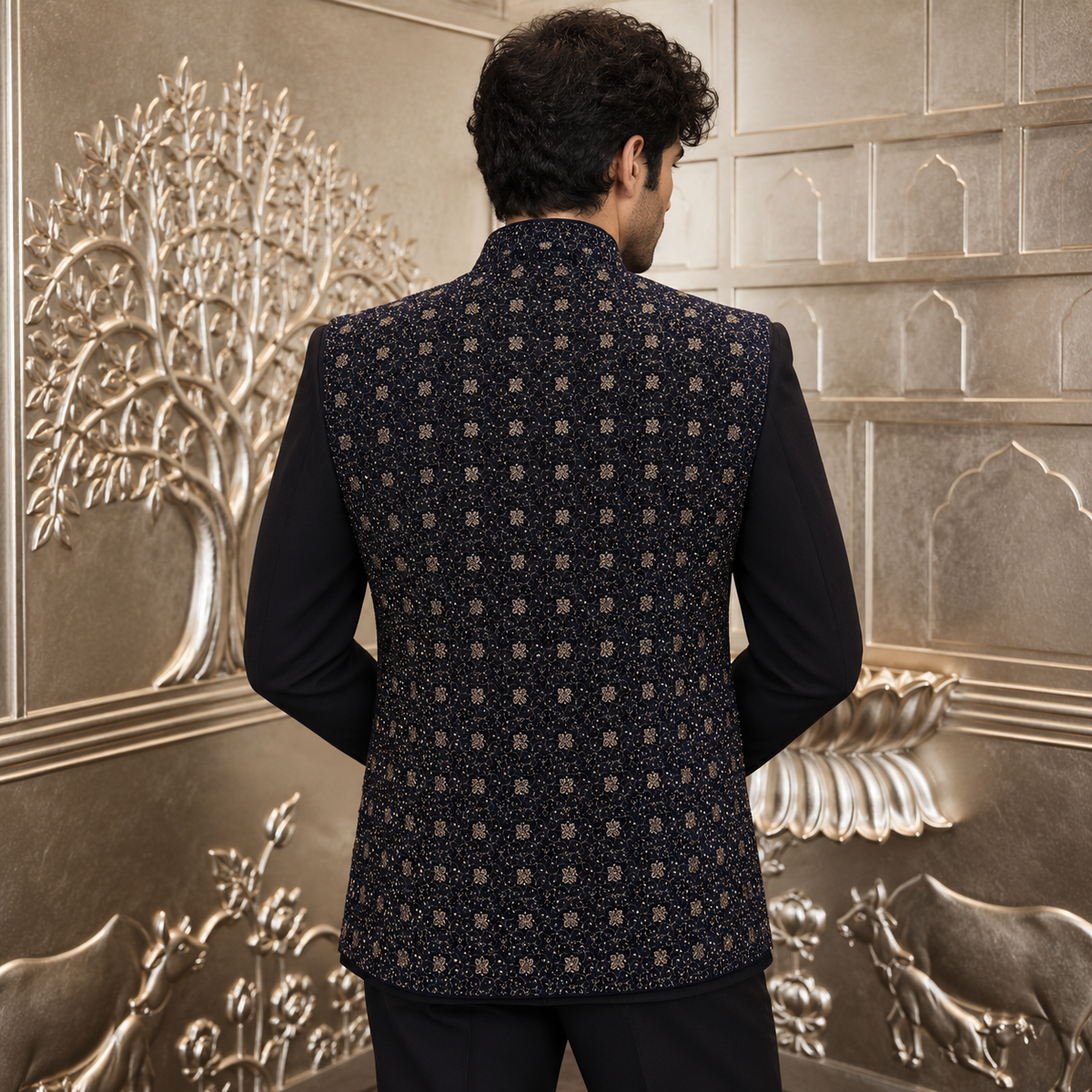 Blue & Black Embroidered Jodhpuri with Sleeveless Jacket