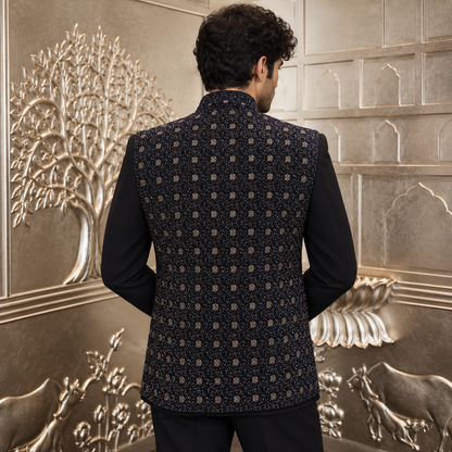 Blue & Black Embroidered Jodhpuri with Sleeveless Jacket