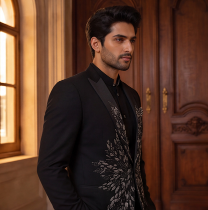 Black Hand Embroidered Designer Tuxedo with Bandhgala Waistcoat