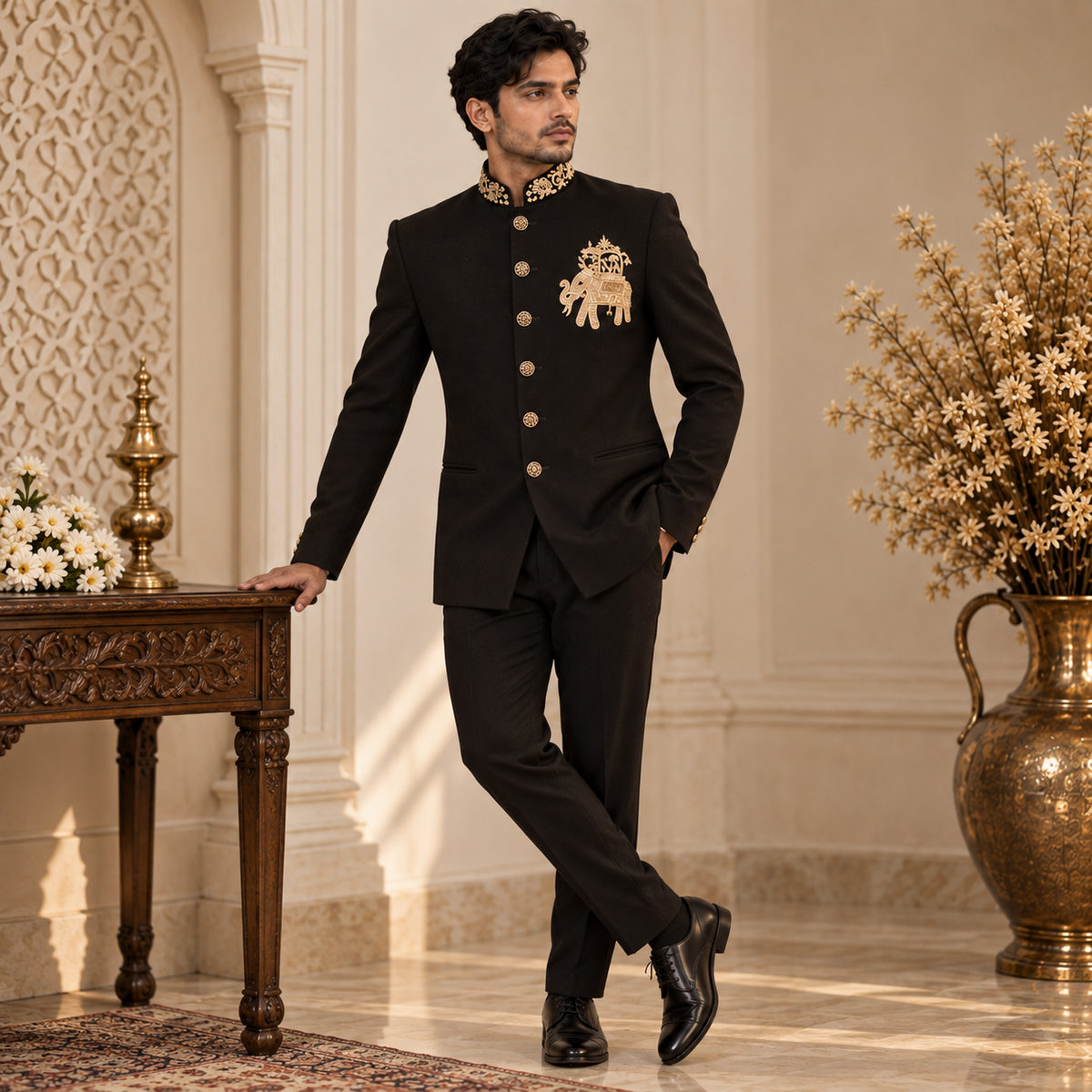 Black Hand Embroidered Elephant Motif Jodhpuri Bandhgala