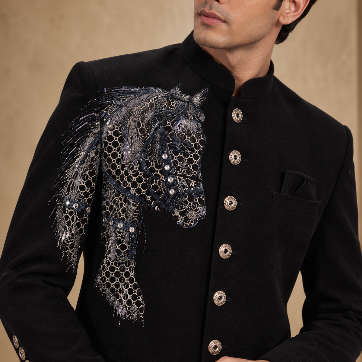 Black Hand Embroidered Horse Motif Indo-Western
