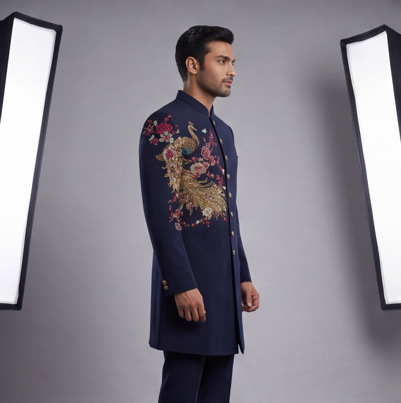 Blue Hand Embroidered Floral Motif Indo-Western