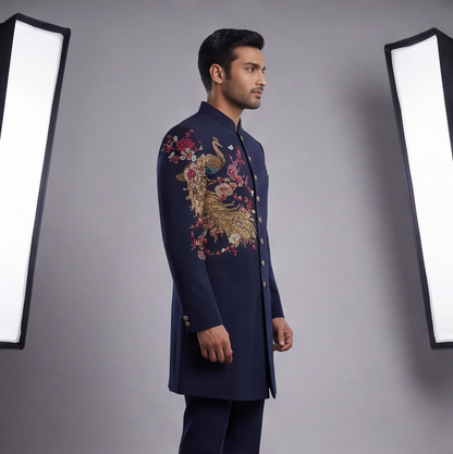 Blue Hand Embroidered Floral Motif Indo-Western
