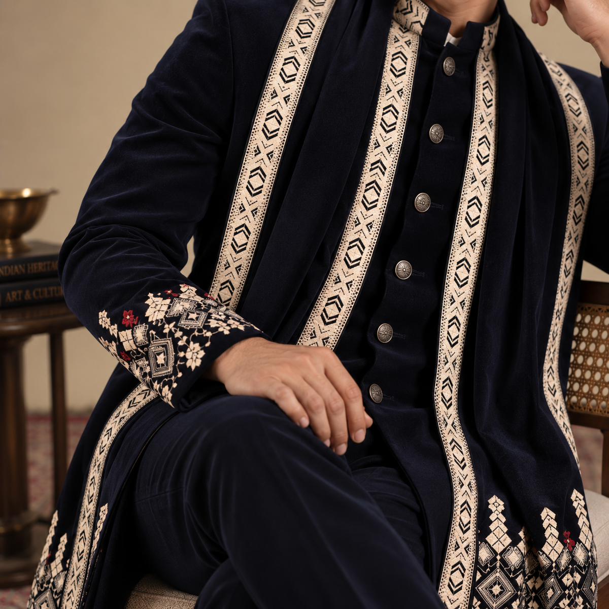 Blue Embroidered Indo-Western with Stole