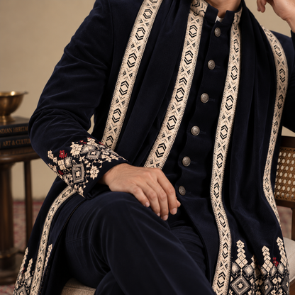 Blue Embroidered Indo-Western with Stole