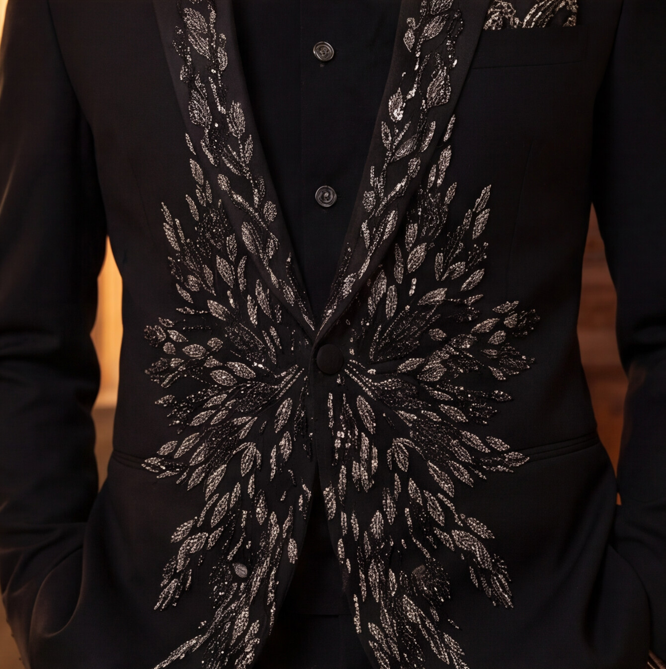 Black Hand Embroidered Designer Tuxedo with Bandhgala Waistcoat