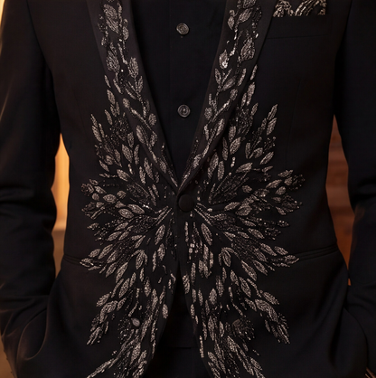 Black Hand Embroidered Designer Tuxedo with Bandhgala Waistcoat
