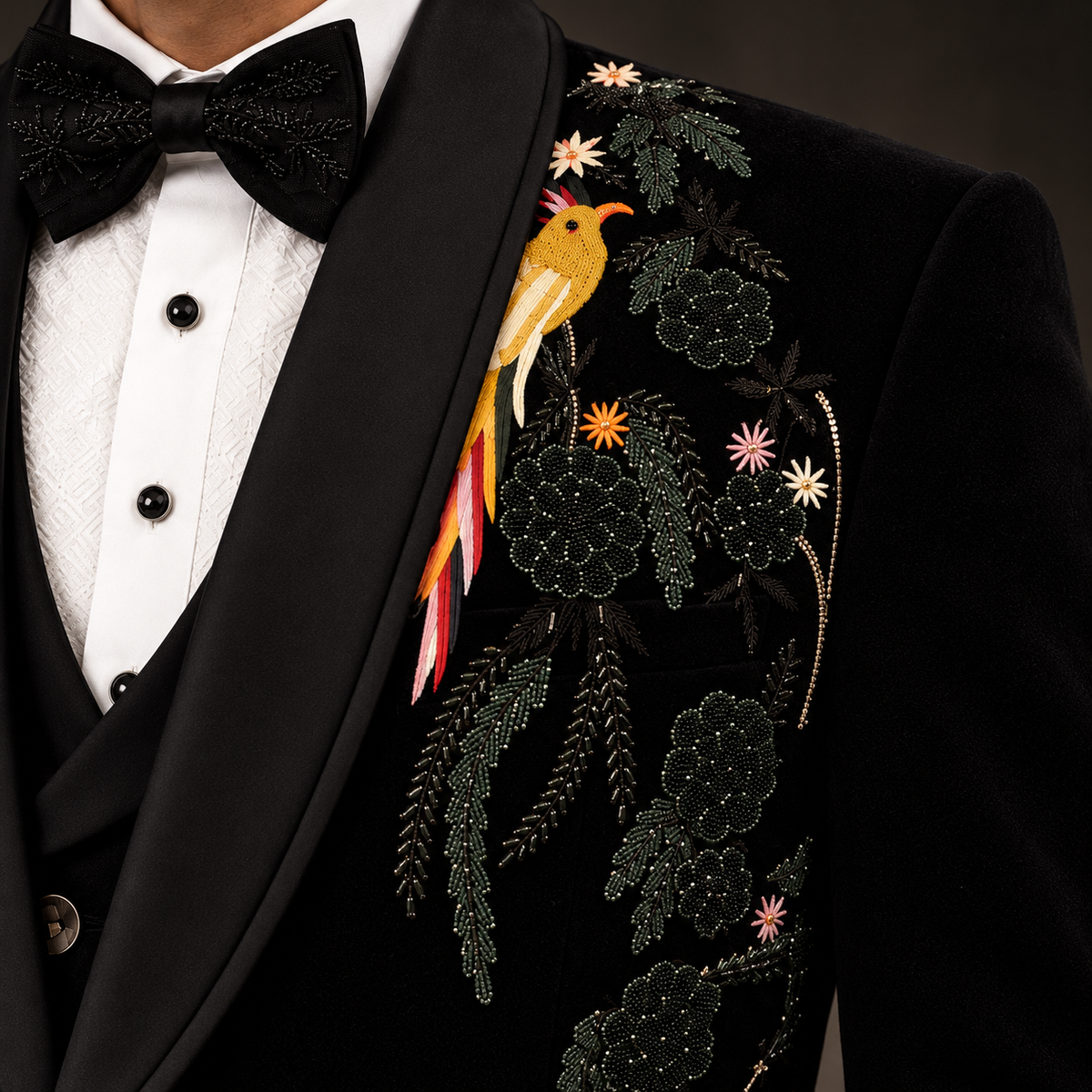 Black Bird Motif Hand Embroidered Designer Tuxedo