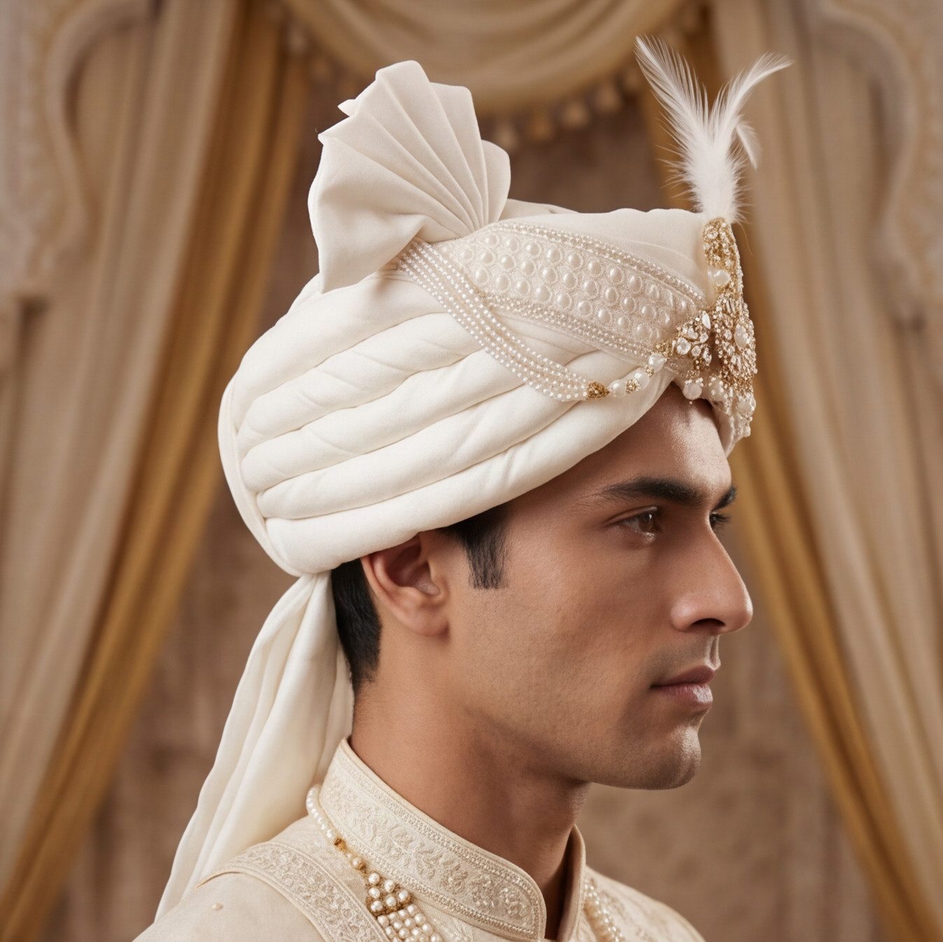 Cream Handmade Sehra with Kalangi (Art Silk)