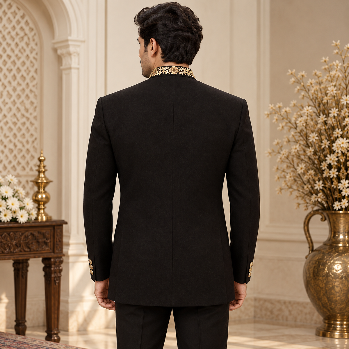 Black Hand Embroidered Elephant Motif Jodhpuri Bandhgala