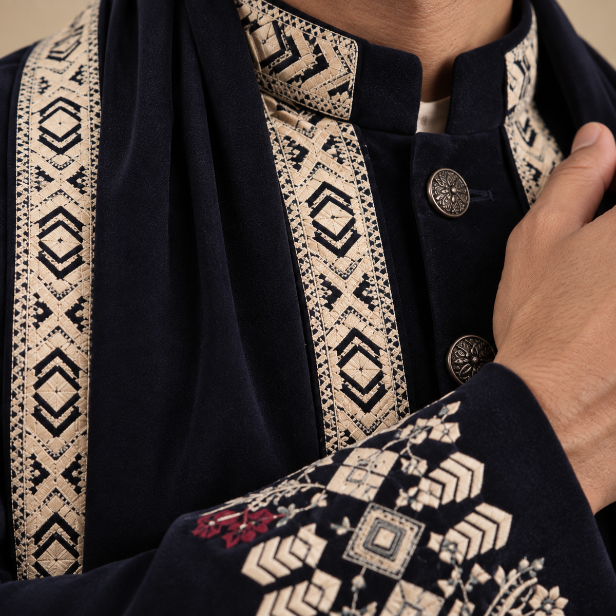 Blue Embroidered Indo-Western with Stole