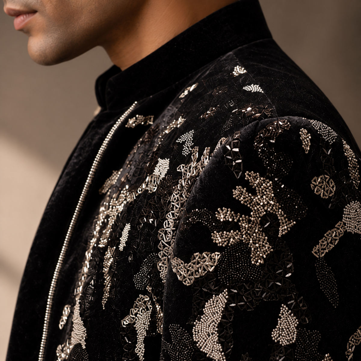 Black Hand Embroidered Velvet Indo-Western