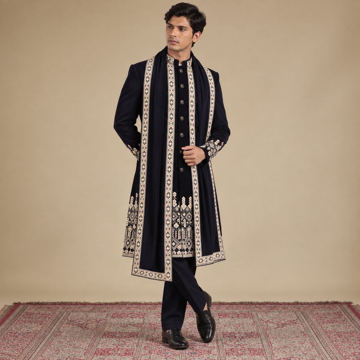 Blue Embroidered Indo-Western with Stole