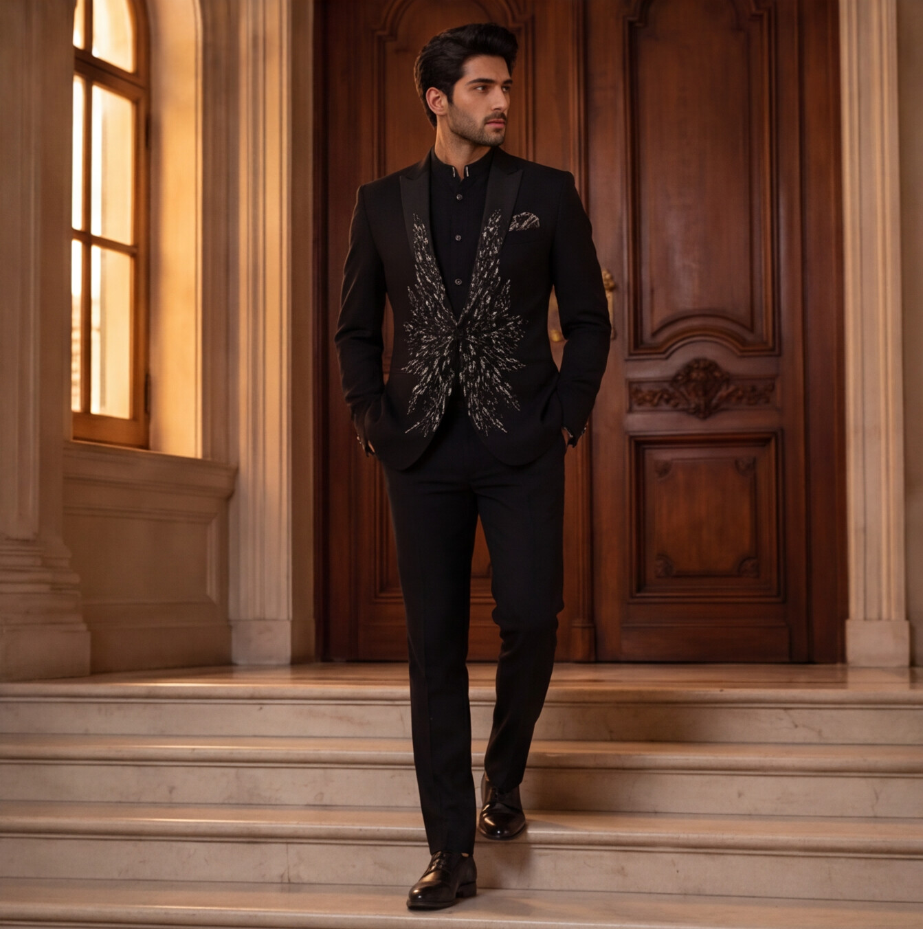 Black Hand Embroidered Designer Tuxedo with Bandhgala Waistcoat