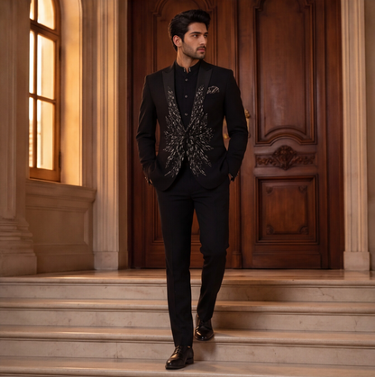 Black Hand Embroidered Designer Tuxedo with Bandhgala Waistcoat