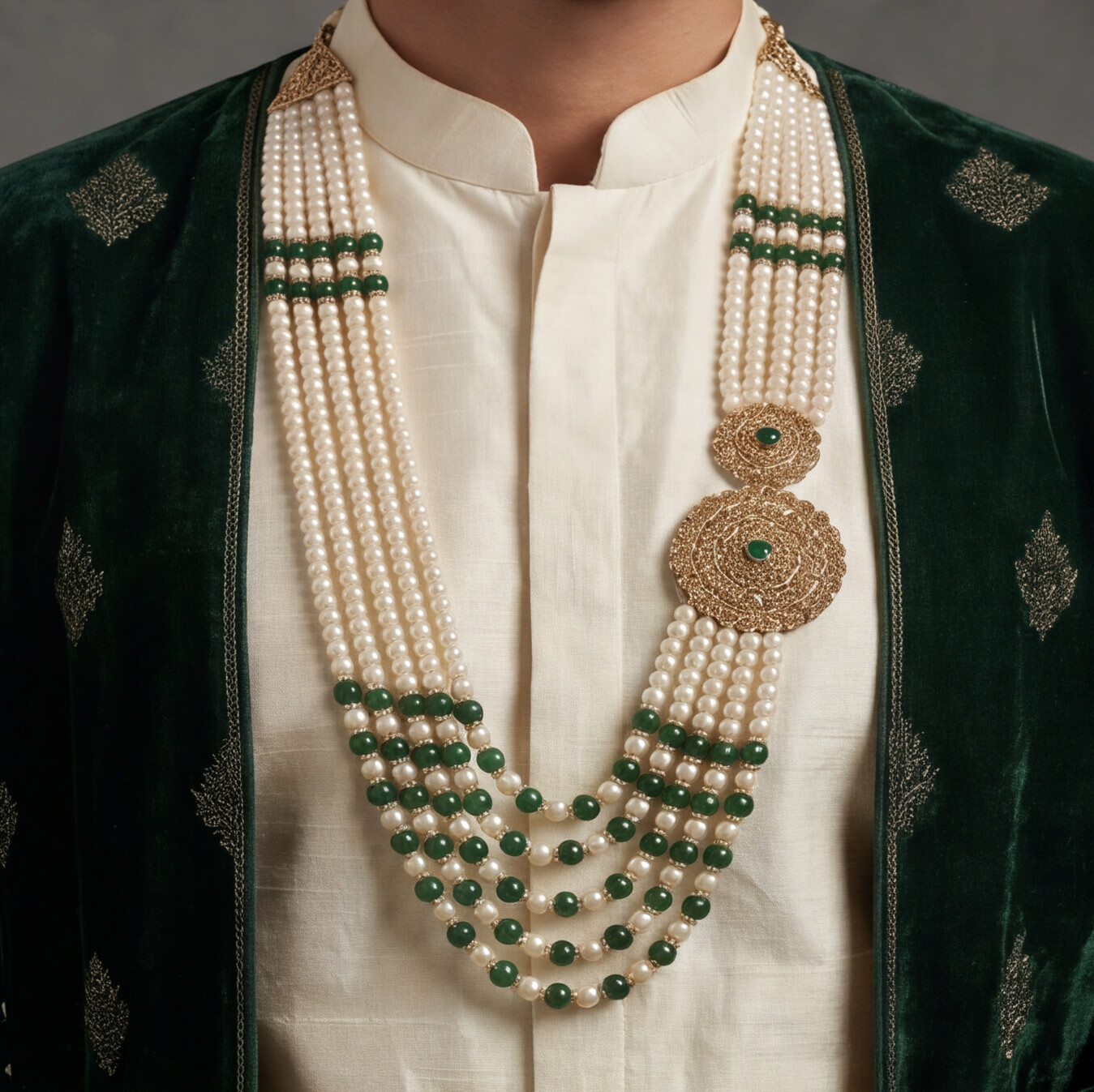 Green Pearl Layered Men's Necklace