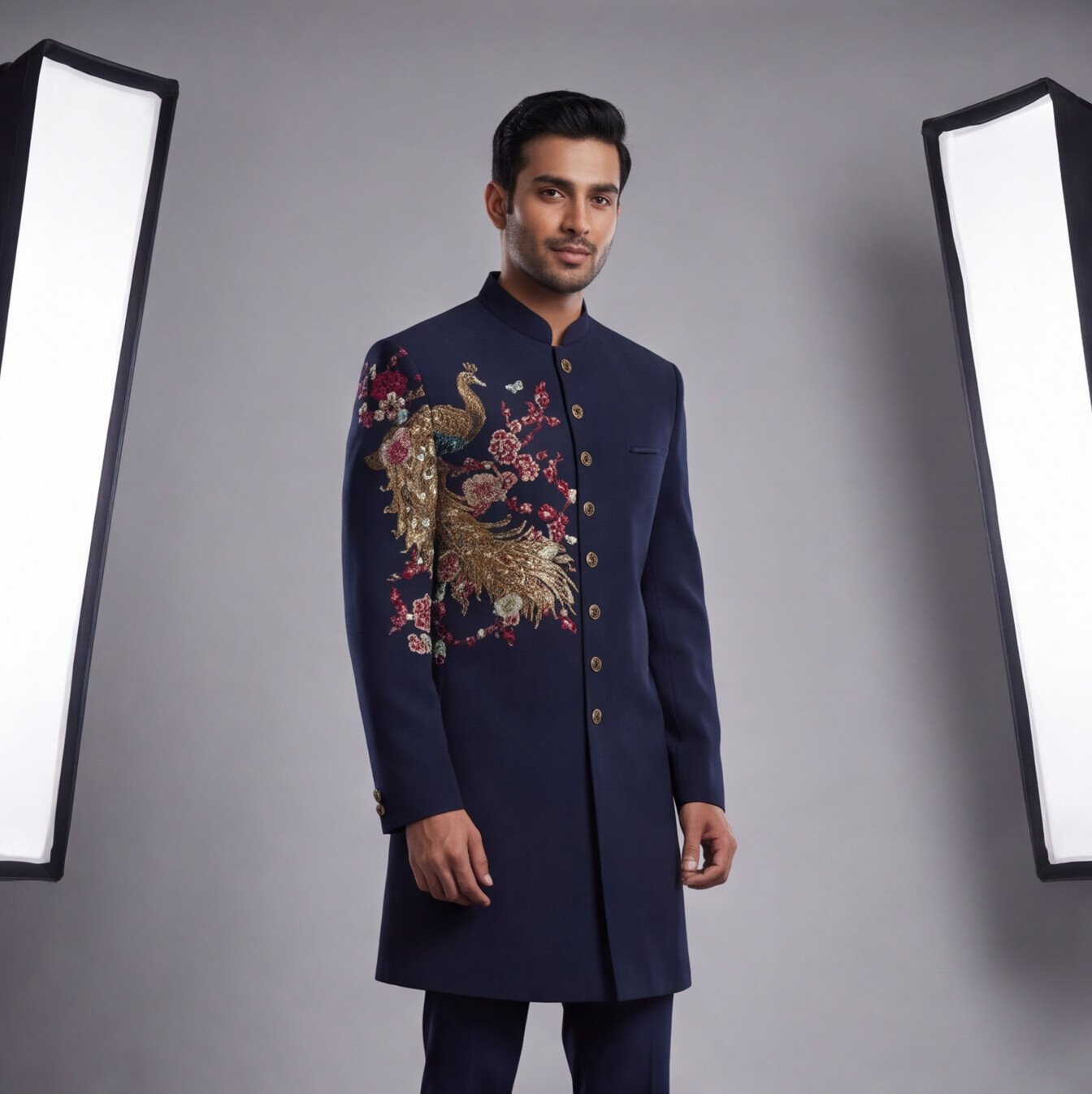 Blue Hand Embroidered Floral Motif Indo-Western
