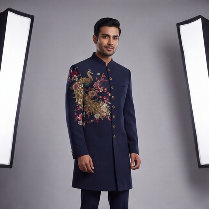 Blue Hand Embroidered Floral Motif Indo-Western